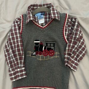 Gray Train Sweater Vest with Plaid Shirt
